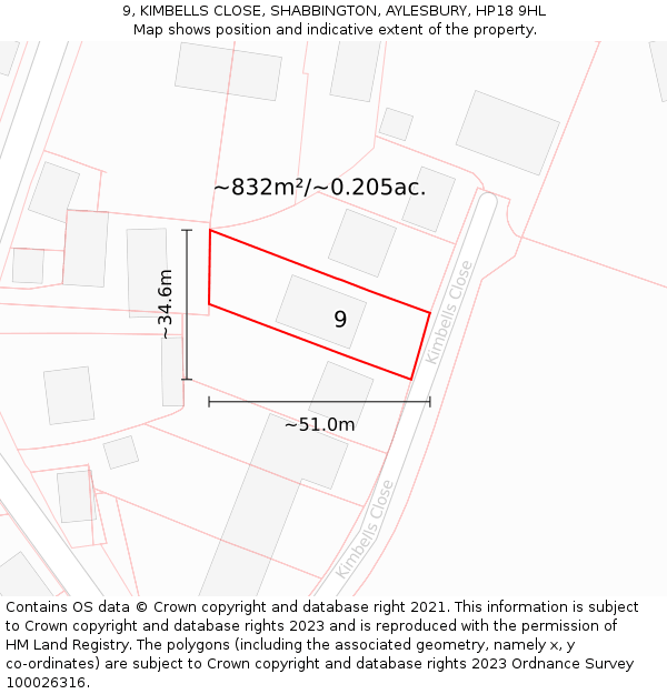 9, KIMBELLS CLOSE, SHABBINGTON, AYLESBURY, HP18 9HL: Plot and title map