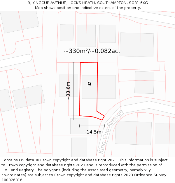 9, KINGCUP AVENUE, LOCKS HEATH, SOUTHAMPTON, SO31 6XG: Plot and title map