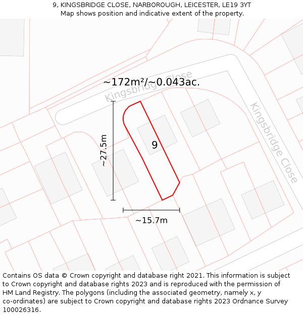 9, KINGSBRIDGE CLOSE, NARBOROUGH, LEICESTER, LE19 3YT: Plot and title map