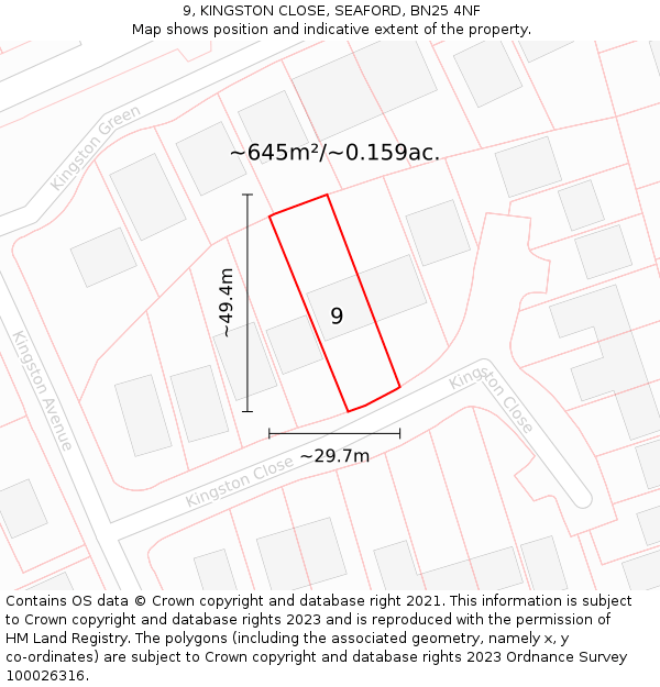 9, KINGSTON CLOSE, SEAFORD, BN25 4NF: Plot and title map