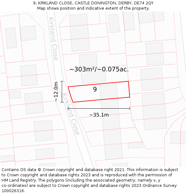 9, KIRKLAND CLOSE, CASTLE DONINGTON, DERBY, DE74 2QY: Plot and title map