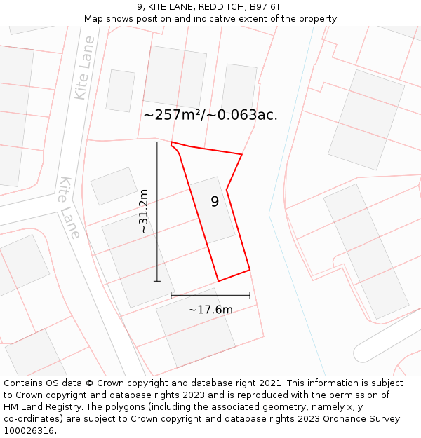 9, KITE LANE, REDDITCH, B97 6TT: Plot and title map