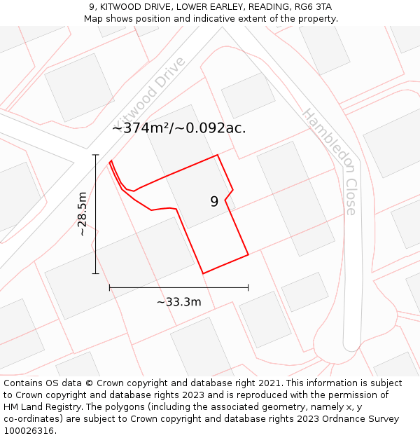 9, KITWOOD DRIVE, LOWER EARLEY, READING, RG6 3TA: Plot and title map