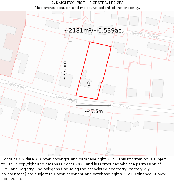 9, KNIGHTON RISE, LEICESTER, LE2 2RF: Plot and title map