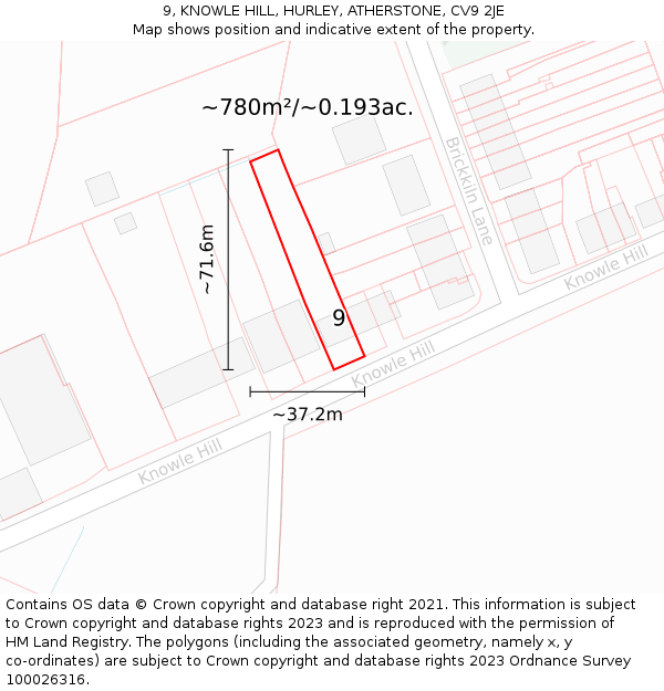 9, KNOWLE HILL, HURLEY, ATHERSTONE, CV9 2JE: Plot and title map