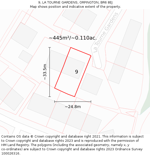 9, LA TOURNE GARDENS, ORPINGTON, BR6 8EJ: Plot and title map