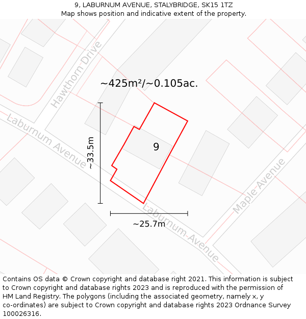 9, LABURNUM AVENUE, STALYBRIDGE, SK15 1TZ: Plot and title map