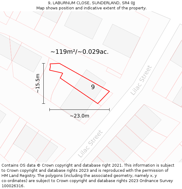 9, LABURNUM CLOSE, SUNDERLAND, SR4 0JJ: Plot and title map