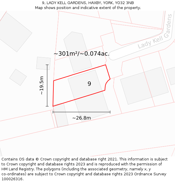 9, LADY KELL GARDENS, HAXBY, YORK, YO32 3NB: Plot and title map