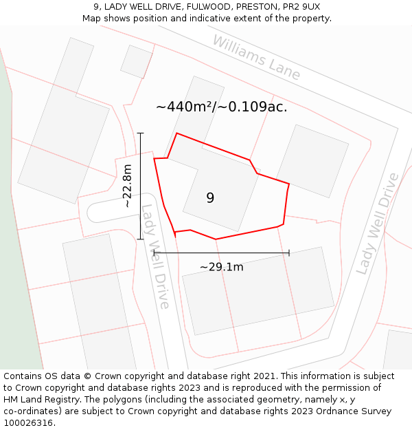 9, LADY WELL DRIVE, FULWOOD, PRESTON, PR2 9UX: Plot and title map