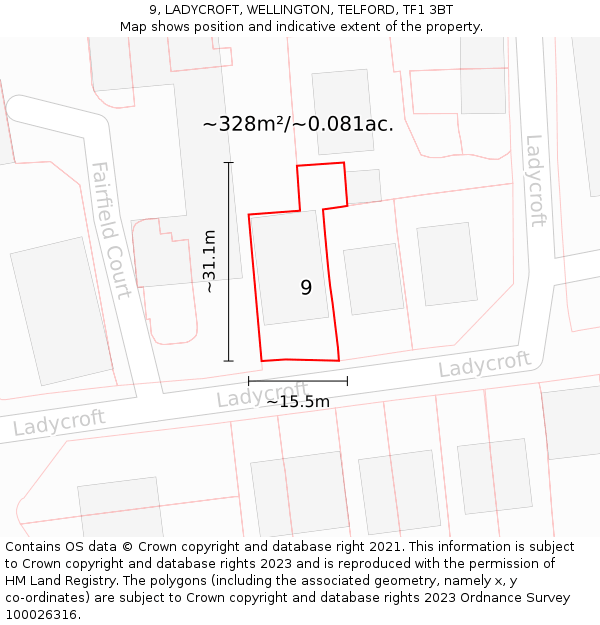 9, LADYCROFT, WELLINGTON, TELFORD, TF1 3BT: Plot and title map