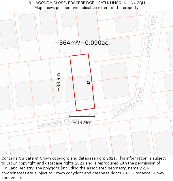 9, LAGONDA CLOSE, BRACEBRIDGE HEATH, LINCOLN, LN4 2QH: Plot and title map