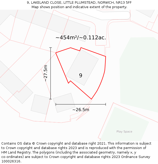 9, LAKELAND CLOSE, LITTLE PLUMSTEAD, NORWICH, NR13 5FF: Plot and title map