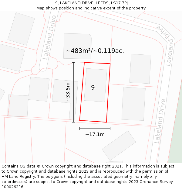 9, LAKELAND DRIVE, LEEDS, LS17 7PJ: Plot and title map