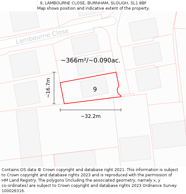 9, LAMBOURNE CLOSE, BURNHAM, SLOUGH, SL1 8BF: Plot and title map