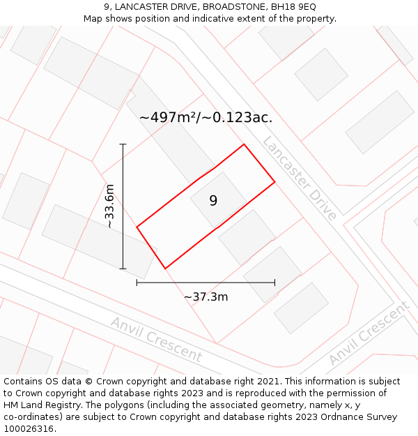 9, LANCASTER DRIVE, BROADSTONE, BH18 9EQ: Plot and title map