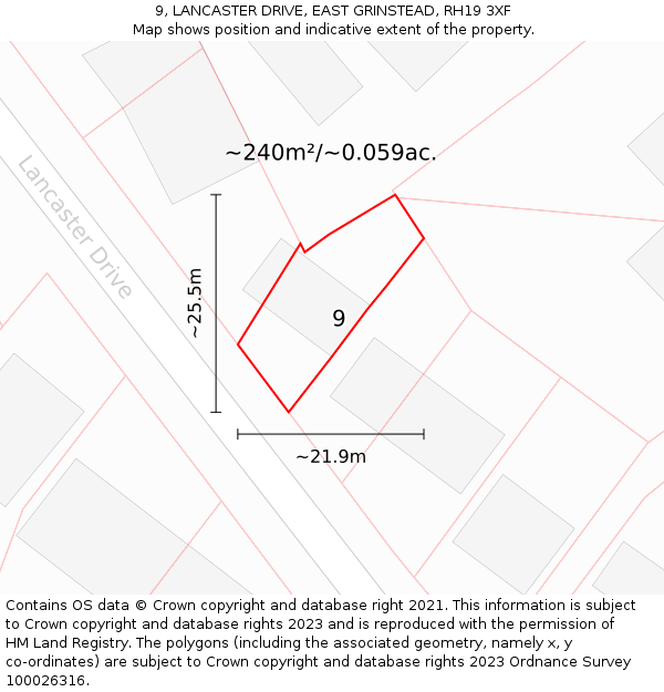 9, LANCASTER DRIVE, EAST GRINSTEAD, RH19 3XF: Plot and title map