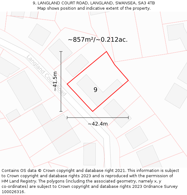 9, LANGLAND COURT ROAD, LANGLAND, SWANSEA, SA3 4TB: Plot and title map