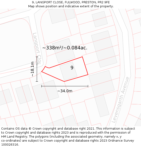 9, LANGPORT CLOSE, FULWOOD, PRESTON, PR2 9FE: Plot and title map