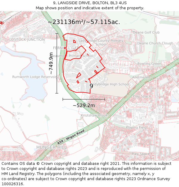 9, LANGSIDE DRIVE, BOLTON, BL3 4US: Plot and title map