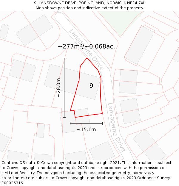 9, LANSDOWNE DRIVE, PORINGLAND, NORWICH, NR14 7XL: Plot and title map