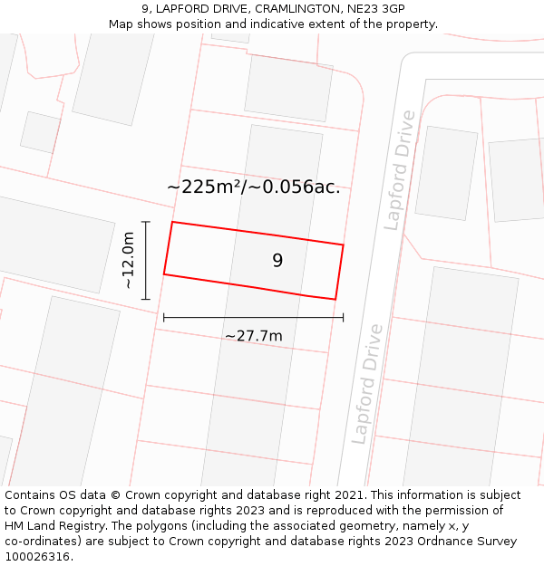 9, LAPFORD DRIVE, CRAMLINGTON, NE23 3GP: Plot and title map