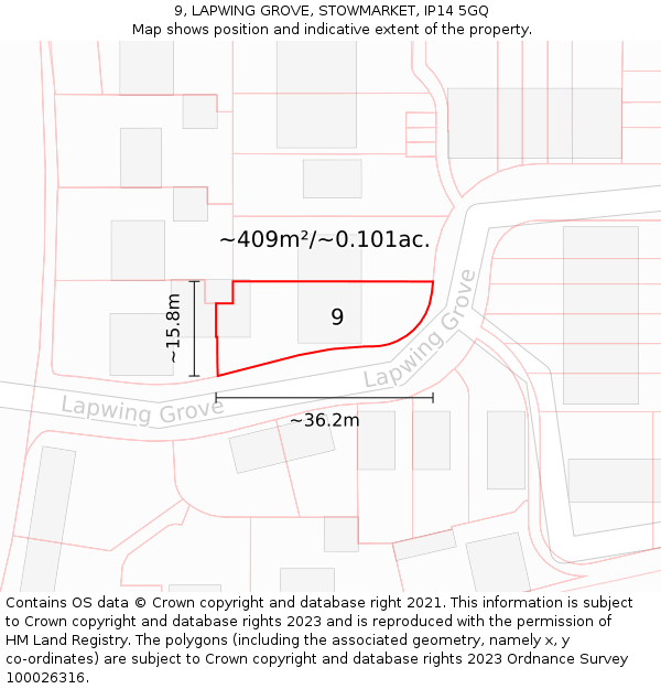 9, LAPWING GROVE, STOWMARKET, IP14 5GQ: Plot and title map