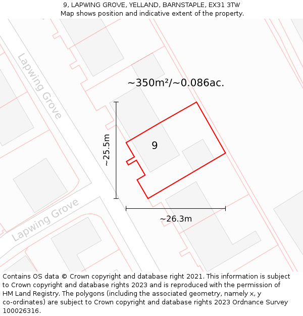 9, LAPWING GROVE, YELLAND, BARNSTAPLE, EX31 3TW: Plot and title map