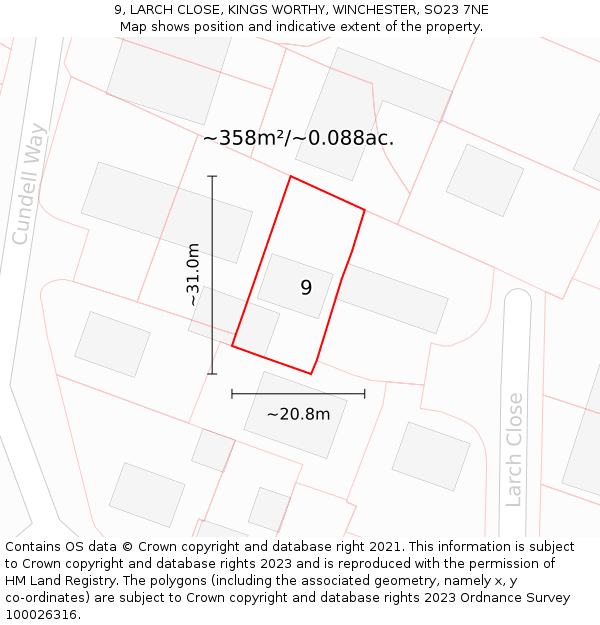 9, LARCH CLOSE, KINGS WORTHY, WINCHESTER, SO23 7NE: Plot and title map