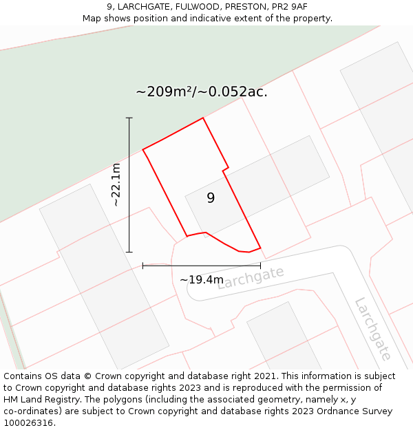 9, LARCHGATE, FULWOOD, PRESTON, PR2 9AF: Plot and title map