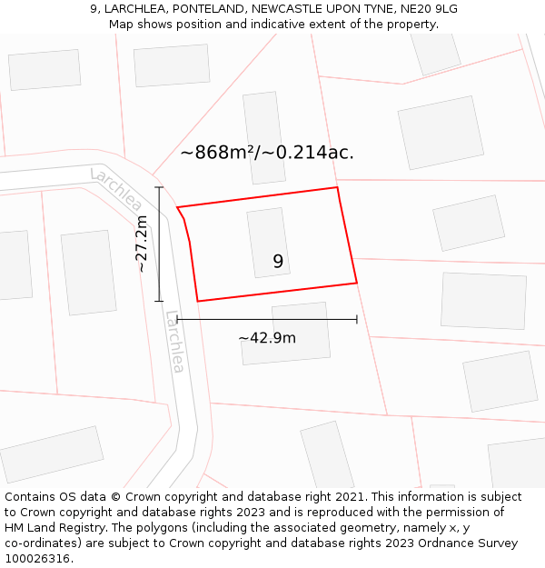 9, LARCHLEA, PONTELAND, NEWCASTLE UPON TYNE, NE20 9LG: Plot and title map