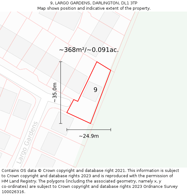 9, LARGO GARDENS, DARLINGTON, DL1 3TP: Plot and title map