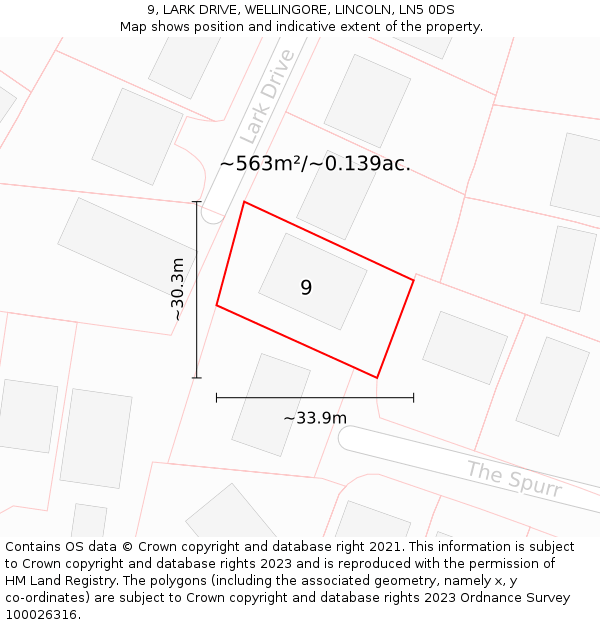 9, LARK DRIVE, WELLINGORE, LINCOLN, LN5 0DS: Plot and title map