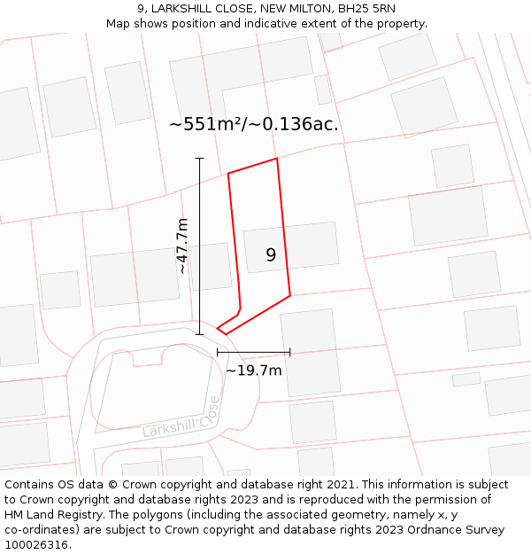 9, LARKSHILL CLOSE, NEW MILTON, BH25 5RN: Plot and title map