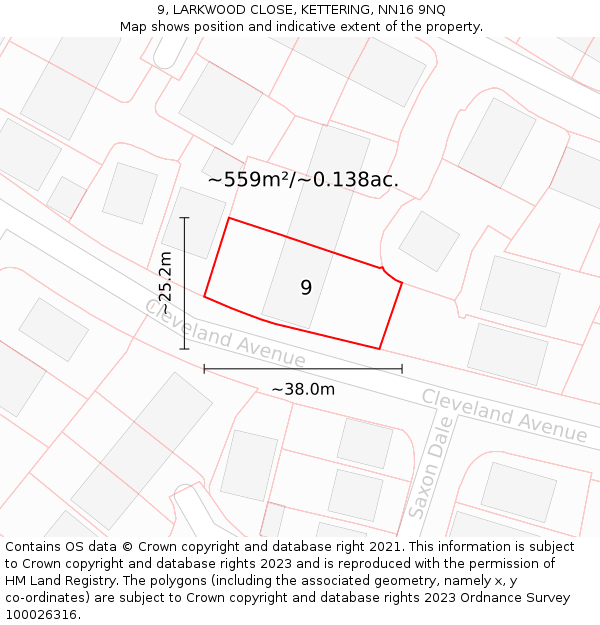 9, LARKWOOD CLOSE, KETTERING, NN16 9NQ: Plot and title map