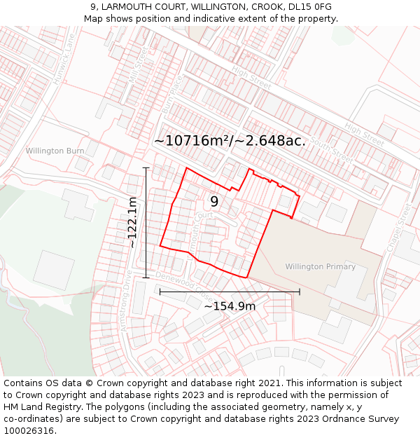 9, LARMOUTH COURT, WILLINGTON, CROOK, DL15 0FG: Plot and title map