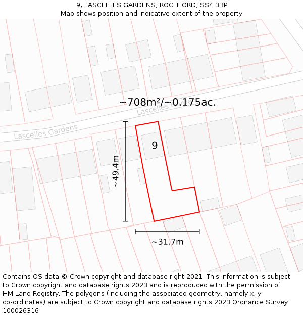 9, LASCELLES GARDENS, ROCHFORD, SS4 3BP: Plot and title map