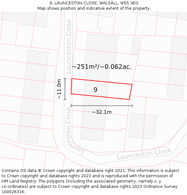 9, LAUNCESTON CLOSE, WALSALL, WS5 3EG: Plot and title map
