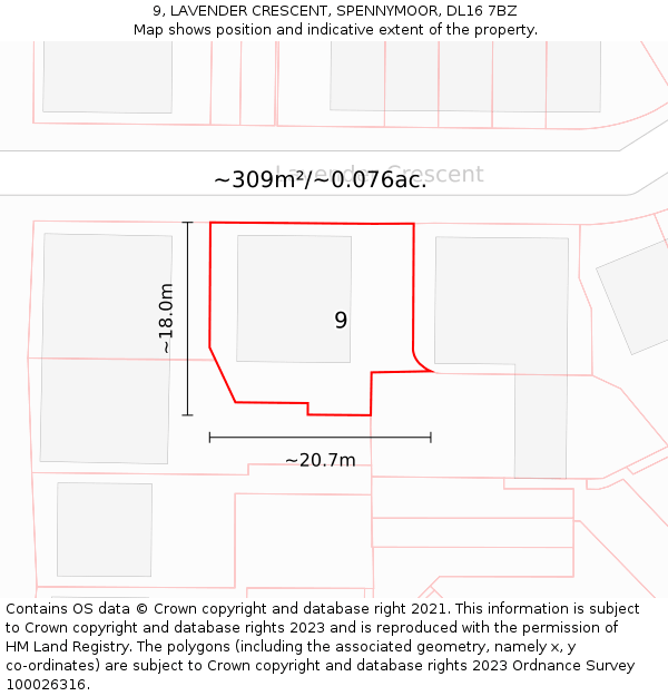 9, LAVENDER CRESCENT, SPENNYMOOR, DL16 7BZ: Plot and title map
