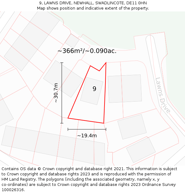 9, LAWNS DRIVE, NEWHALL, SWADLINCOTE, DE11 0HN: Plot and title map