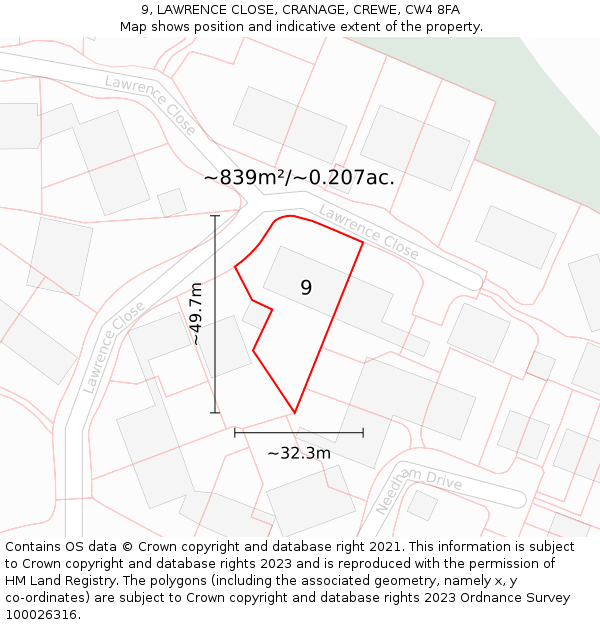 9, LAWRENCE CLOSE, CRANAGE, CREWE, CW4 8FA: Plot and title map