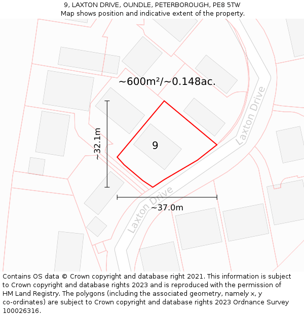 9, LAXTON DRIVE, OUNDLE, PETERBOROUGH, PE8 5TW: Plot and title map