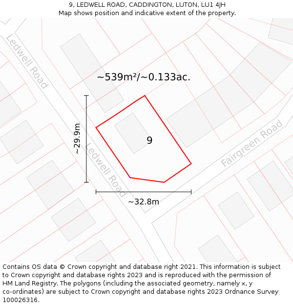 9, LEDWELL ROAD, CADDINGTON, LUTON, LU1 4JH: Plot and title map