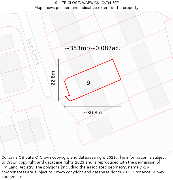 9, LEE CLOSE, WARWICK, CV34 5FF: Plot and title map