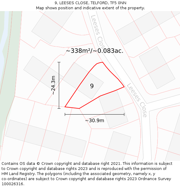 9, LEESES CLOSE, TELFORD, TF5 0NN: Plot and title map