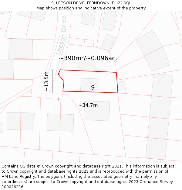 9, LEESON DRIVE, FERNDOWN, BH22 9QL: Plot and title map