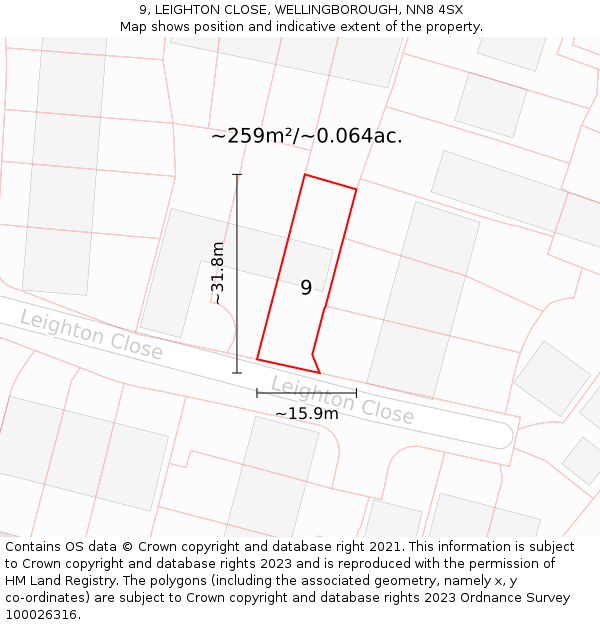 9, LEIGHTON CLOSE, WELLINGBOROUGH, NN8 4SX: Plot and title map
