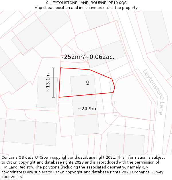 9, LEYTONSTONE LANE, BOURNE, PE10 0QS: Plot and title map