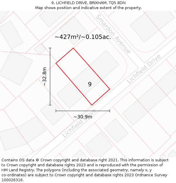 9, LICHFIELD DRIVE, BRIXHAM, TQ5 8DN: Plot and title map