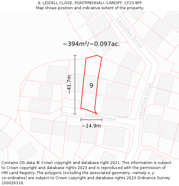 9, LIDDELL CLOSE, PONTPRENNAU, CARDIFF, CF23 8PF: Plot and title map